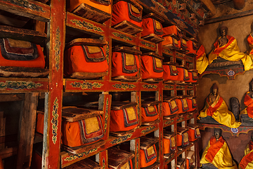 Image showing Folios of old manuscripts in library of Thiksey Monastery. Ladakh, India