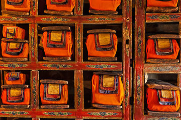 Image showing Folios of old manuscripts in library of Thiksey Monastery. Ladakh, India