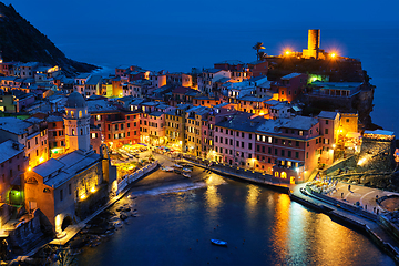 Image showing Vernazza village illuminated in the night, Cinque Terre, Liguria, Italy