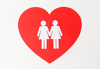 Image showing paper cutout of female gay couple on red heart