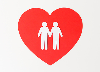 Image showing paper cutout of male gay couple on red heart