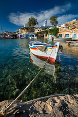 Image showing Fishing boats in harbour in fishing village of Mandrakia, Milos island, Greece