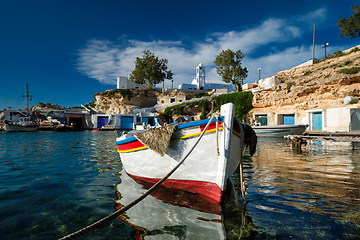 Image showing Fishing boats in harbour in fishing village of Mandrakia, Milos island, Greece