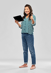 Image showing happy asian woman with tablet pc showing thumbs up