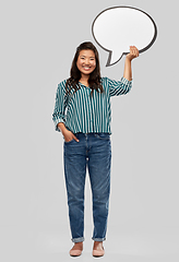 Image showing happy asian woman holding speech bubble