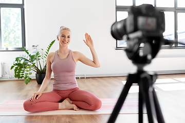 Image showing woman or blogger recording gym yoga class video