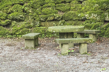 Image showing overgrown stone benches and table