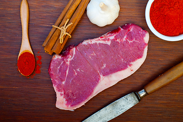 Image showing raw uncooked  ribeye beef steak butcher selection