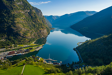 Image showing Aurlandsfjord Town Of Flam at dawn.