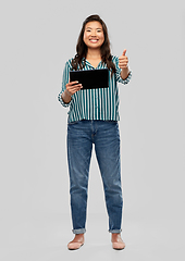 Image showing happy asian woman with tablet pc showing thumbs up