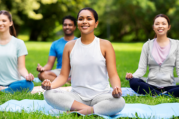 Image showing group of happy people doing yoga at summer park