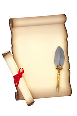 Image showing Old  Fashioned Parchment Scroll with Quill Pen 