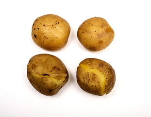 Image showing four boiled potatoes in their skins on a white 