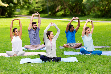 Image showing group of happy people doing yoga at summer park