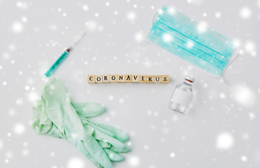 Image showing coronavirus word, mask, gloves, syringe and drug