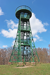 Image showing Green, steel Sightseeing pyramid on the top of the mountain Jape