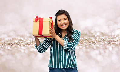 Image showing happy asian woman with birthday present