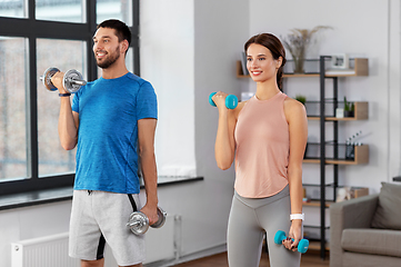 Image showing happy couple exercising at home