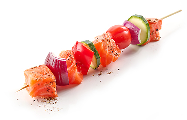 Image showing raw salmon and vegetable skewer