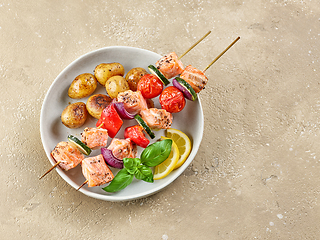 Image showing salmon and vegetable skewers