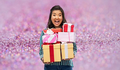 Image showing happy asian woman with birthday present