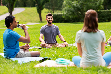 Image showing group of people sitting on yoga mats at park