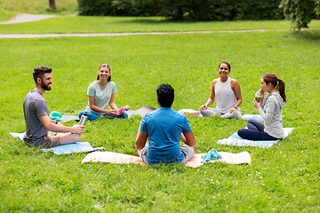 Image showing group of people sitting on yoga mats at park