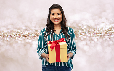 Image showing happy asian woman with birthday present