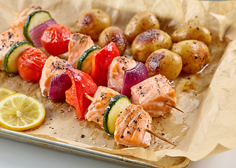 Image showing salmon vegetable skewers