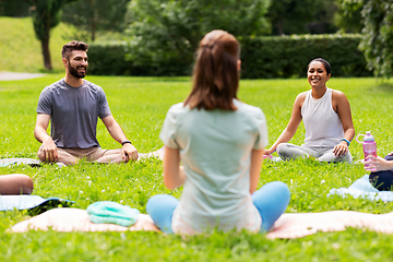 Image showing group of people sitting on yoga mats at park