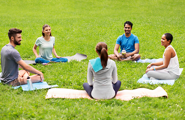 Image showing group of people sitting on yoga mats at park