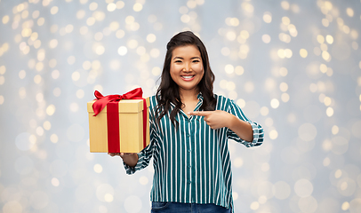 Image showing happy asian woman with birthday present