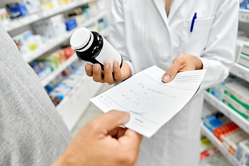 Image showing pharmacist and customer with medicine at pharmacy