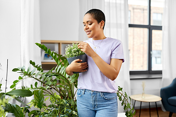 Image showing african american woman with plants at home