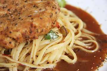 Image showing Meat on pasta