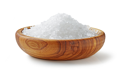 Image showing sea salt in olive wood bowl