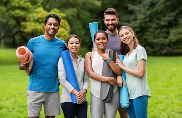 Image showing group of happy people with yoga mats at park