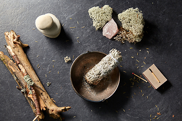 Image showing white sage in cup and staff for magic ritual