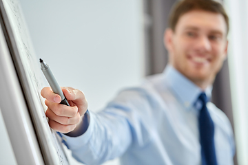 Image showing businessman with marker at flip chart at office