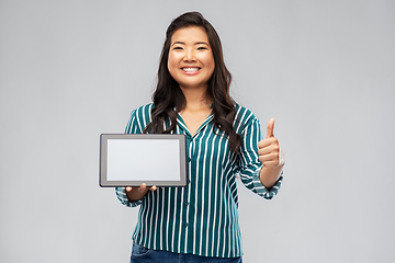 Image showing happy asian woman with tablet pc showing thumbs up