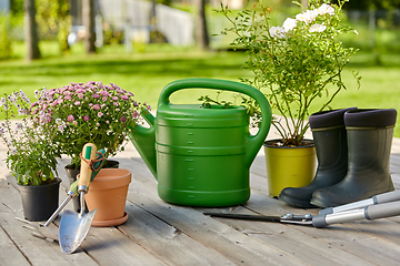 Image showing garden tools, flower seedlings and rubber boots