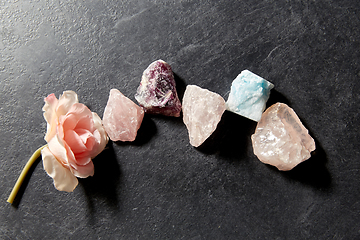 Image showing quartz crystals, gem stones and rose flower