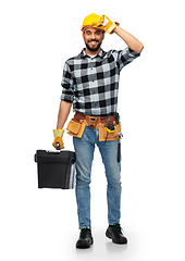 Image showing happy worker or builder in helmet with tool box