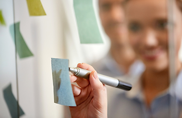 Image showing business team with sticky notes on glass at office