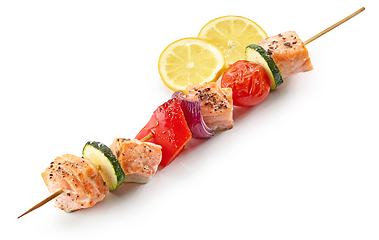 Image showing grilled salmon and vegetable skewer