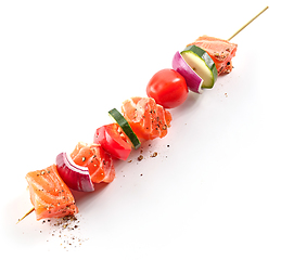 Image showing raw salmon and vegetable skewer