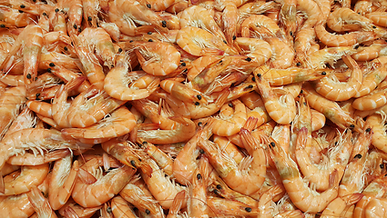 Image showing Raw fresh shrimp at the counter in the store