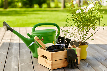 Image showing box with garden tools and watering can in summer