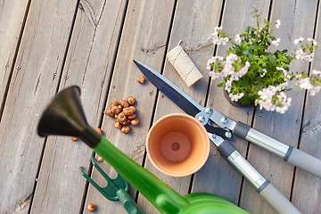 Image showing garden tools and flowers on wooden terrace