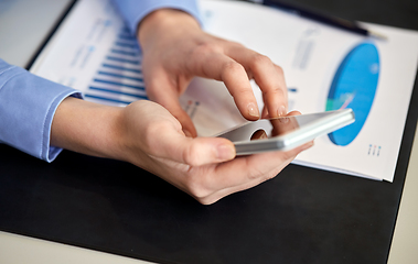 Image showing close up of hands with smartphone at office